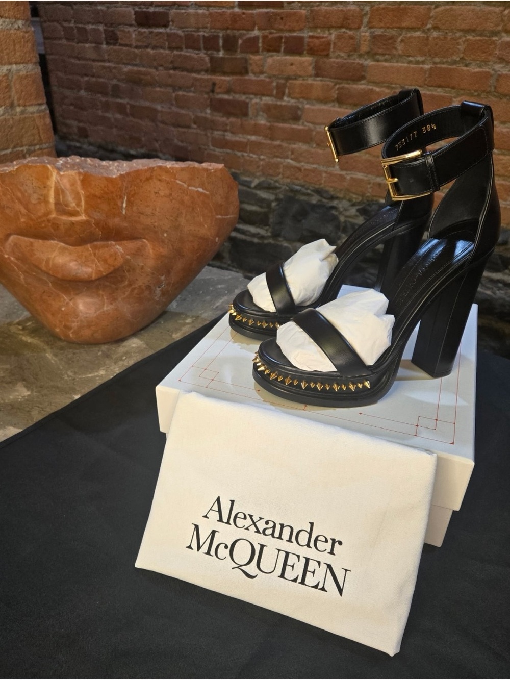 Alexander McQueen Black Leather Punk Stud Platform Sandals with Gold Spikes NEW!